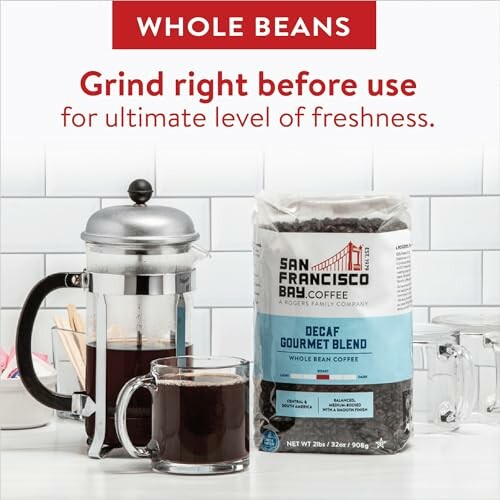 San Francisco Bay Coffee Whole Beans with French press and mug.