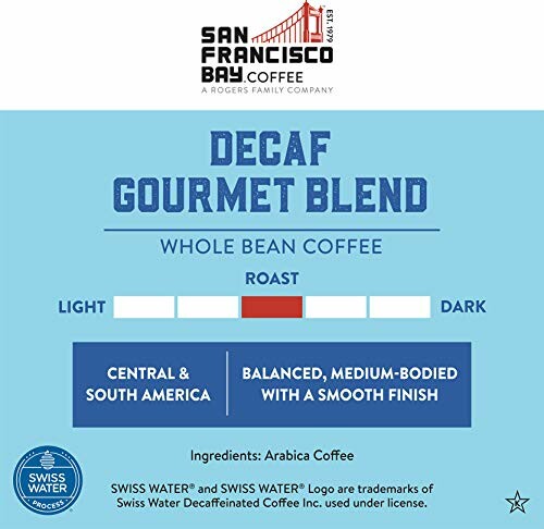 San Francisco Bay Coffee Decaf Gourmet Blend label with roast level and origin details.