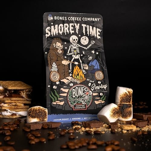 Bones Coffee Company Smorey Time coffee bag with marshmallows and graham crackers.