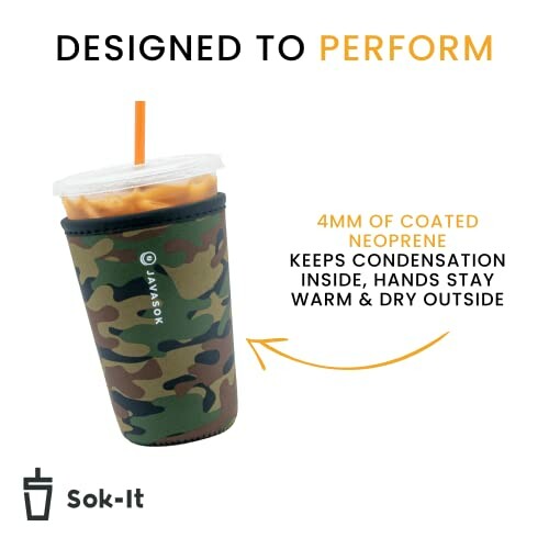 Camouflage neoprene cup sleeve for iced coffee.