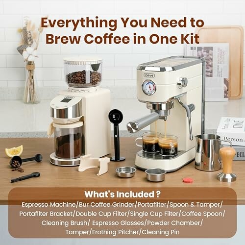 Complete coffee brewing kit with espresso machine, grinder, and accessories.