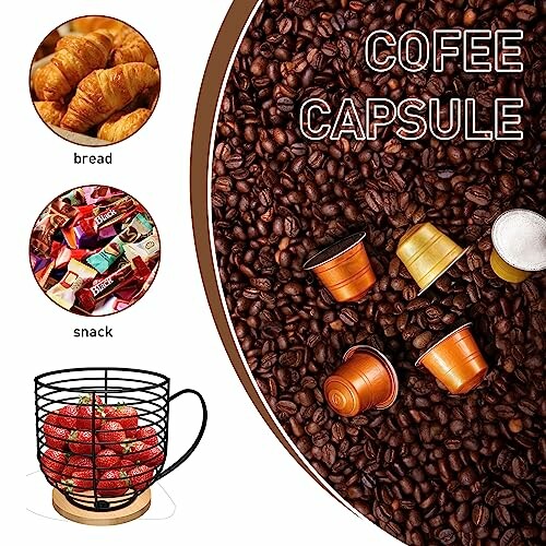 Coffee capsules with beans, croissants, and snacks