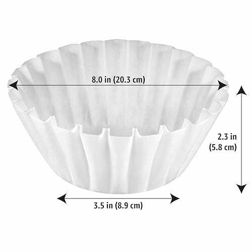 Coffee filter with dimensions labeled.