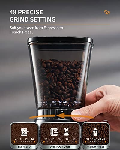 Coffee grinder with 48 precise grind settings from espresso to French press.