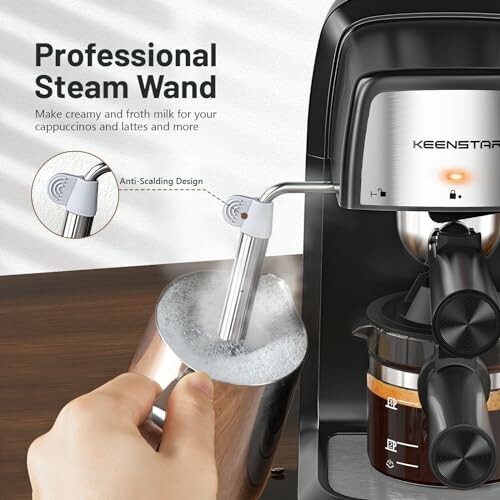 Coffee machine with professional steam wand frothing milk.