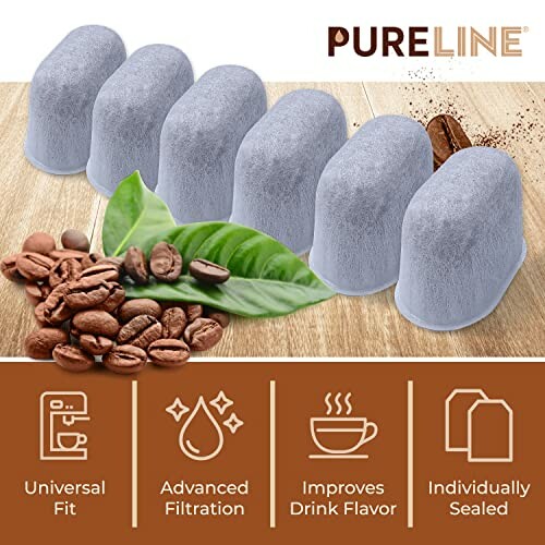 Pack of six coffee machine water filters with coffee beans and leaves.