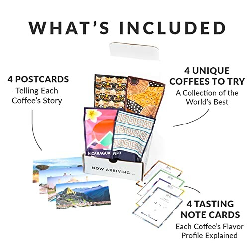 Coffee sampler set with postcards and tasting notes.