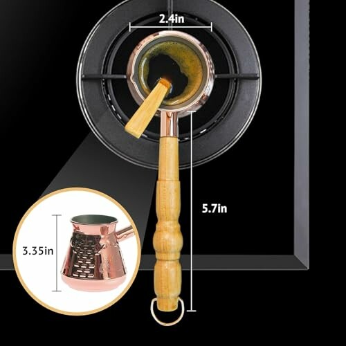 Copper coffee pot on stovetop with measurements.