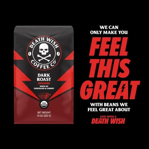 Death Wish Coffee Co. Dark Roast package with bold text.