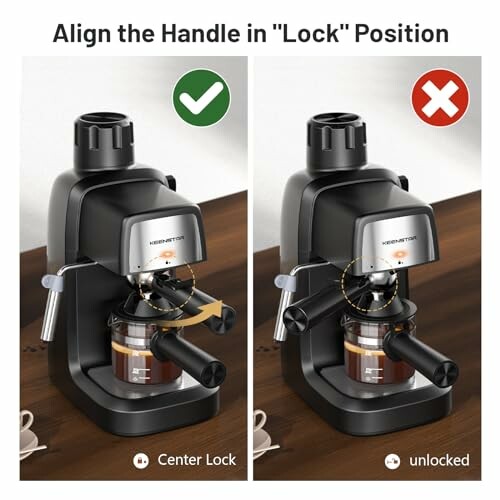 Espresso machine showing correct and incorrect handle lock positions.