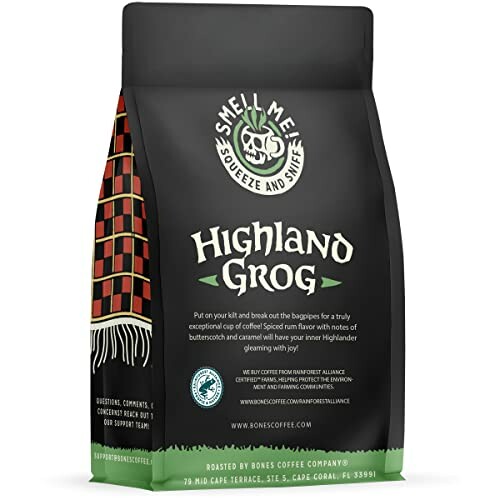 Highland Grog coffee bag with text and design.