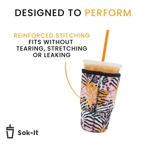 Insulated cup sleeve with reinforced stitching, fits without tearing, stretching, or leaking.