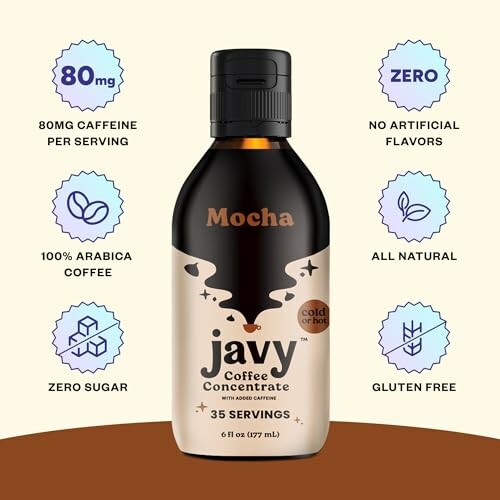 Javy Mocha Coffee Concentrate bottle with features highlighted.