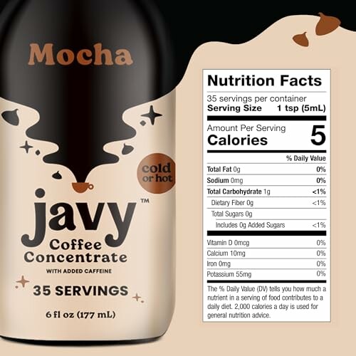 Javy coffee concentrate bottle with nutrition facts.