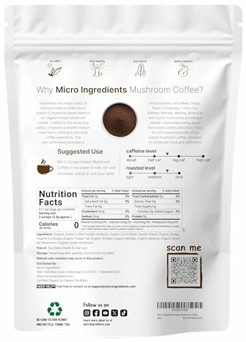 Back of Micro Ingredients Mushroom Coffee package showing nutritional facts and usage instructions.