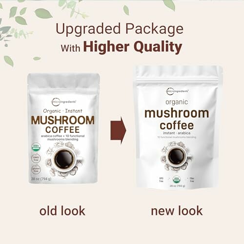 Comparison of old and new mushroom coffee packaging.