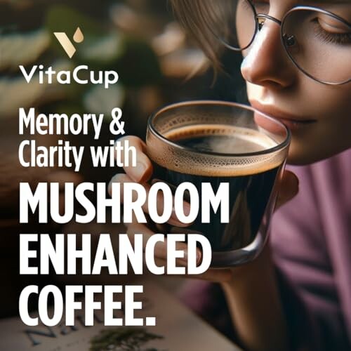 Person drinking VitaCup mushroom enhanced coffee for memory and clarity.