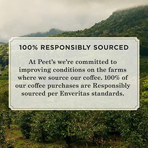 Responsibly sourced coffee message on scenic farm background.