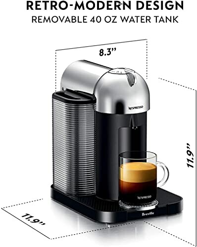 Retro-modern coffee machine with removable 40 oz water tank.