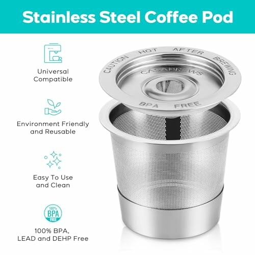 Stainless steel coffee pod with features listed.