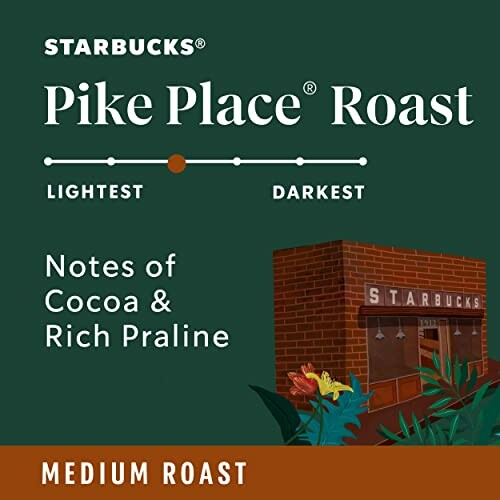 Starbucks Pike Place Roast coffee packaging with notes of cocoa and rich praline.