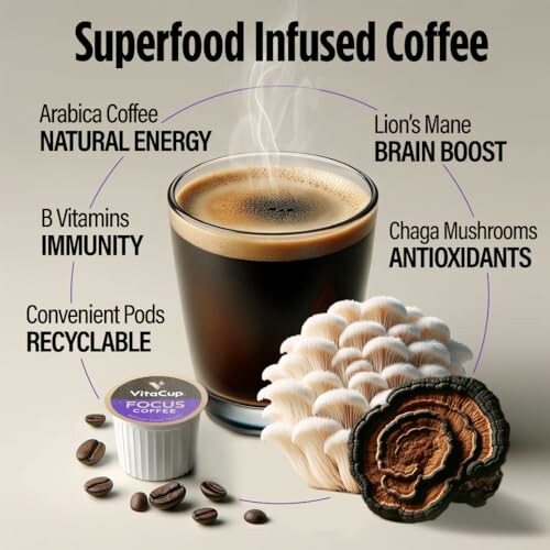 Superfood infused coffee with benefits like natural energy, brain boost, immunity, antioxidants, and recyclable pods.