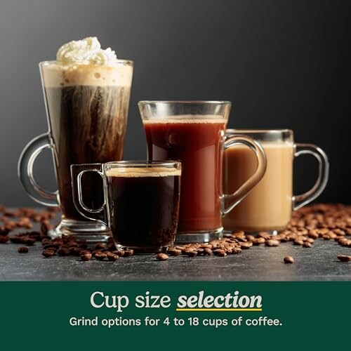 Assorted coffee cup sizes with beans and text about grind options.