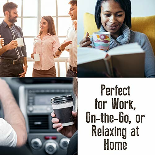 Collage of people using coffee mugs at work, on-the-go, and at home.