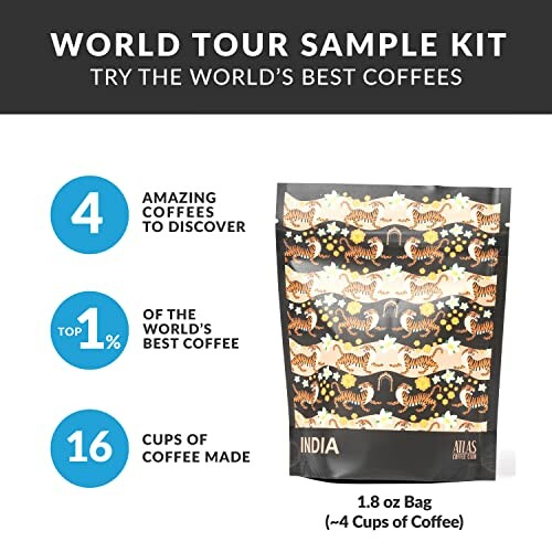 World Tour Sample Kit with coffee bag from India featuring tigers and elephants design.